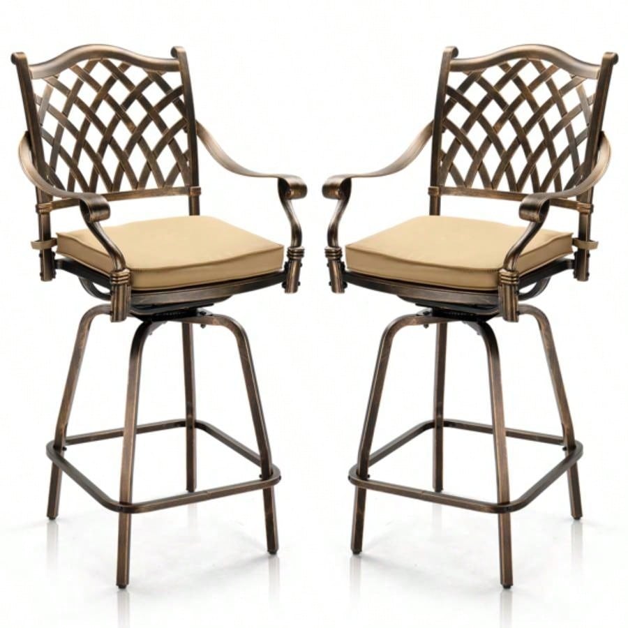Outdoor Swivel Bar Stools Set of 2, Cast Aluminum Patio Bar Height Chairs, All - Weather Bar Dining Chairs Outdoor Swivel Chairs Furniture Grid Back