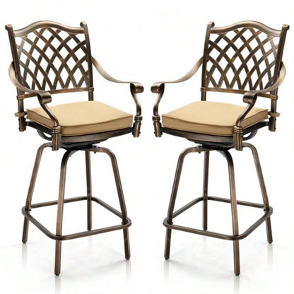 Outdoor Swivel Bar Stools Set of 2, Cast Aluminum Patio Bar Height Chairs, All - Weather Bar Dining Chairs Outdoor Swivel Chairs Furniture Grid Back
