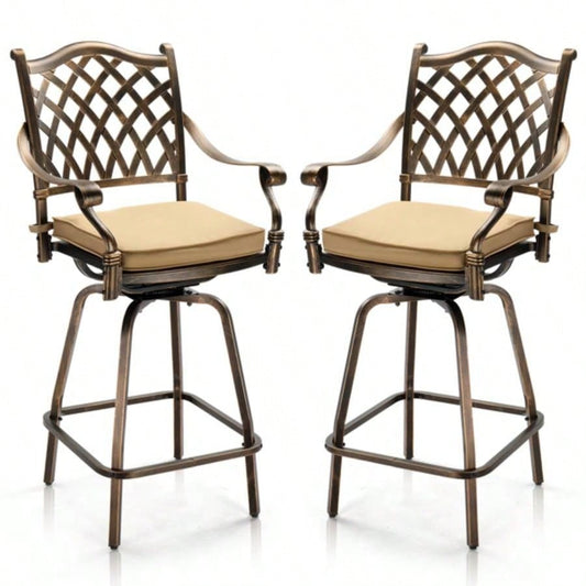 Outdoor Swivel Bar Stools Set of 2, Cast Aluminum Patio Bar Height Chairs, All - Weather Bar Dining Chairs Outdoor Swivel Chairs Furniture Grid Back