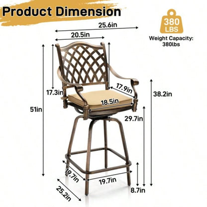 Outdoor Swivel Bar Stools Set of 2, Cast Aluminum Patio Bar Height Chairs, All - Weather Bar Dining Chairs Outdoor Swivel Chairs Furniture Grid Back