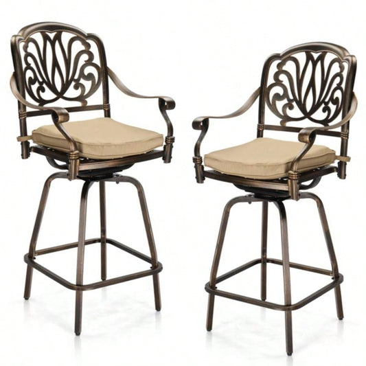 Outdoor Swivel Bar Stools Set of 2, Cast Aluminum Patio Bar Height Chairs, All - Weather Bar Dining Chairs Outdoor Swivel Chairs Furniture Elizabethan Back