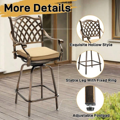 Outdoor Swivel Bar Stools Set of 2, Cast Aluminum Patio Bar Height Chairs, All - Weather Bar Dining Chairs Outdoor Swivel Chairs Furniture Grid Back