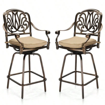 Outdoor Swivel Bar Stools Set of 2, Cast Aluminum Patio Bar Height Chairs, All - Weather Bar Dining Chairs Outdoor Swivel Chairs Furniture Elizabethan Back