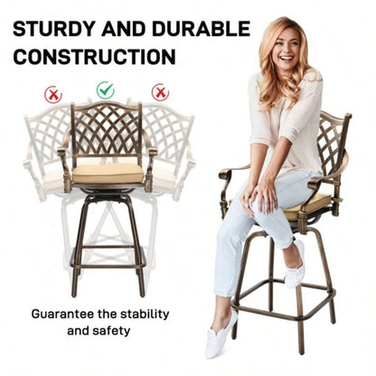 Outdoor Swivel Bar Stools Set of 2, Cast Aluminum Patio Bar Height Chairs, All - Weather Bar Dining Chairs Outdoor Swivel Chairs Furniture Grid Back