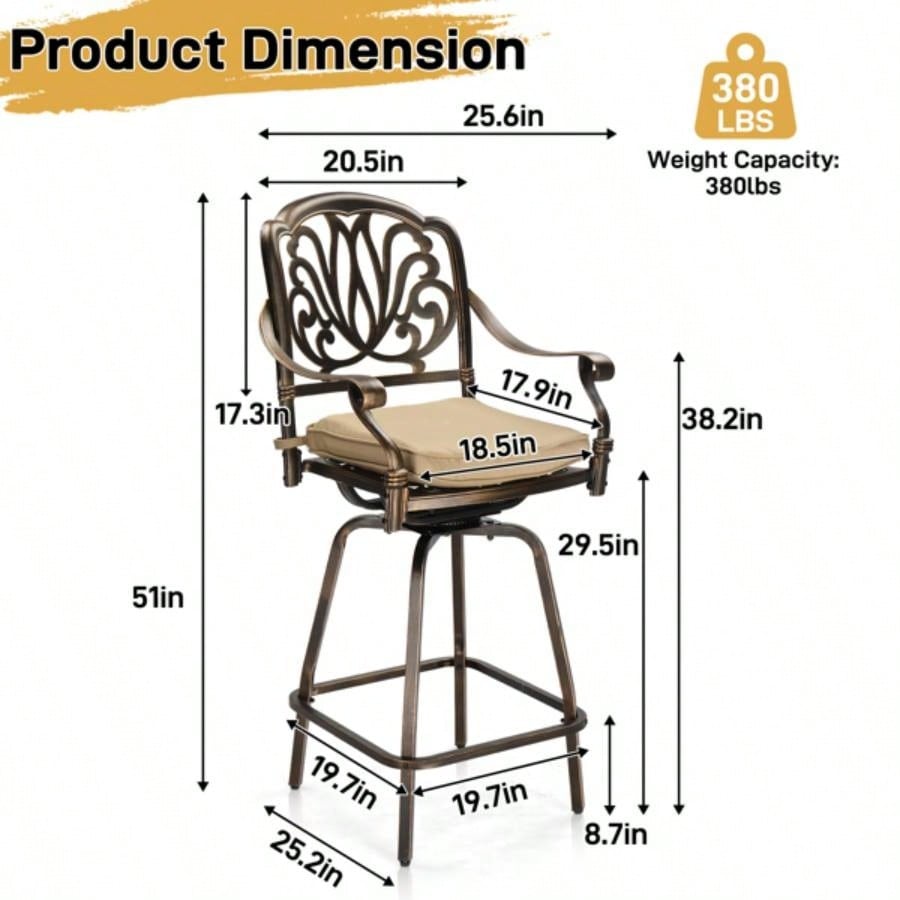 Outdoor Swivel Bar Stools Set of 2, Cast Aluminum Patio Bar Height Chairs, All - Weather Bar Dining Chairs Outdoor Swivel Chairs Furniture Elizabethan Back