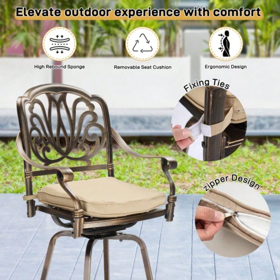 Outdoor Swivel Bar Stools Set of 2, Cast Aluminum Patio Bar Height Chairs, All - Weather Bar Dining Chairs Outdoor Swivel Chairs Furniture Elizabethan Back