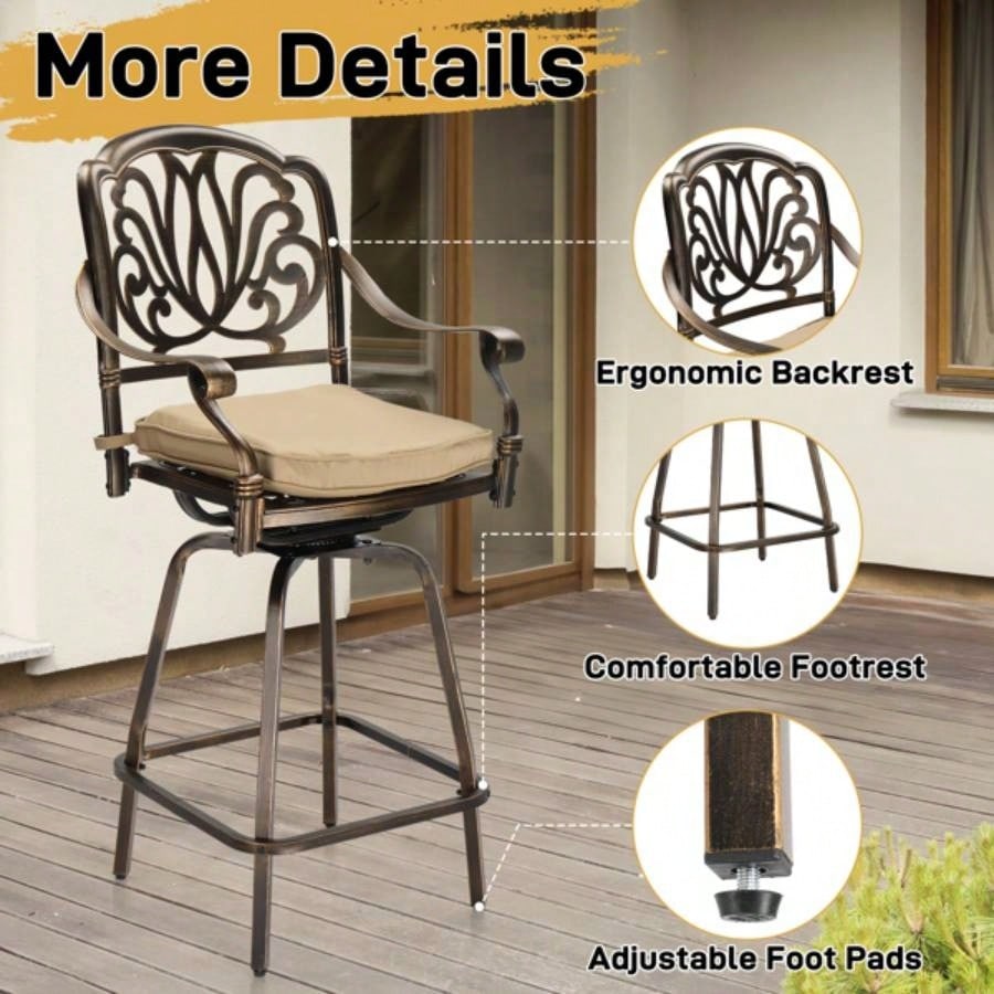 Outdoor Swivel Bar Stools Set of 2, Cast Aluminum Patio Bar Height Chairs, All - Weather Bar Dining Chairs Outdoor Swivel Chairs Furniture Elizabethan Back