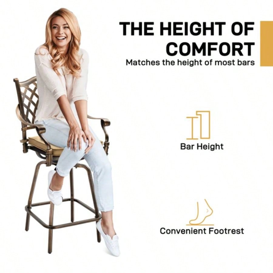 Outdoor Swivel Bar Stools Set of 2, Cast Aluminum Patio Bar Height Chairs, All - Weather Bar Dining Chairs Outdoor Swivel Chairs Furniture Grid Back