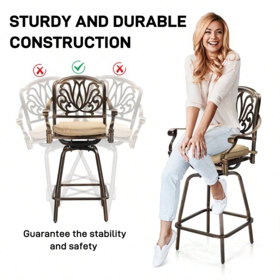 Outdoor Swivel Bar Stools Set of 2, Cast Aluminum Patio Bar Height Chairs, All - Weather Bar Dining Chairs Outdoor Swivel Chairs Furniture Elizabethan Back