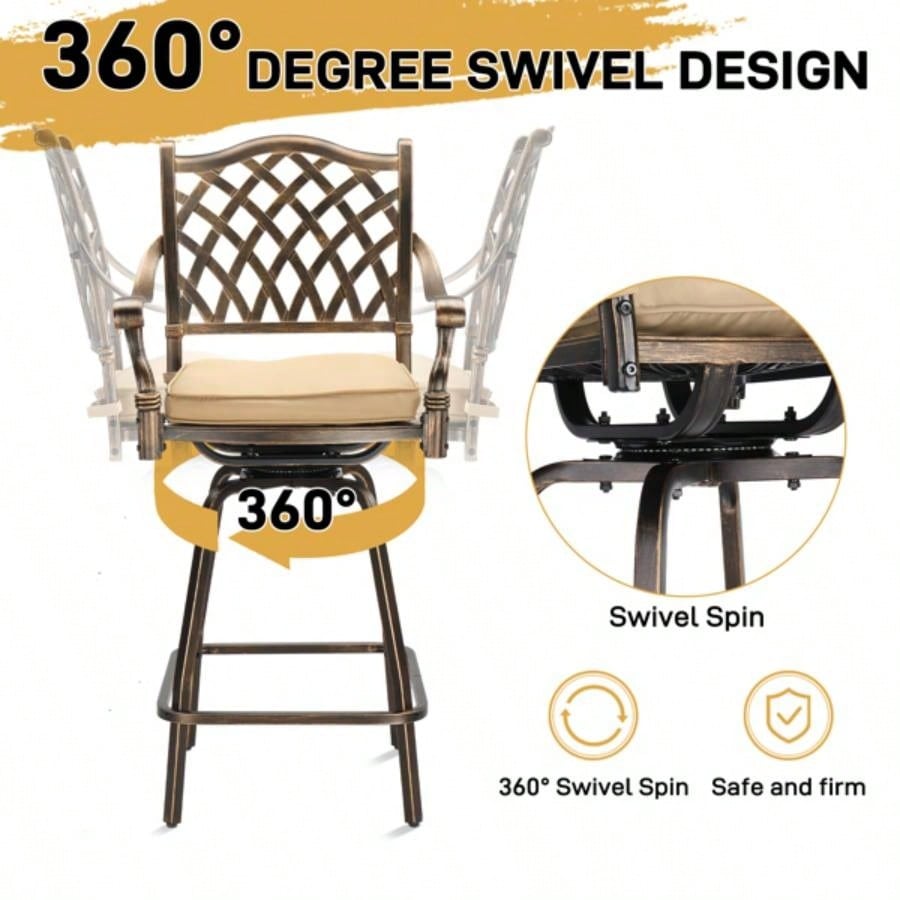 Outdoor Swivel Bar Stools Set of 2, Cast Aluminum Patio Bar Height Chairs, All - Weather Bar Dining Chairs Outdoor Swivel Chairs Furniture Grid Back