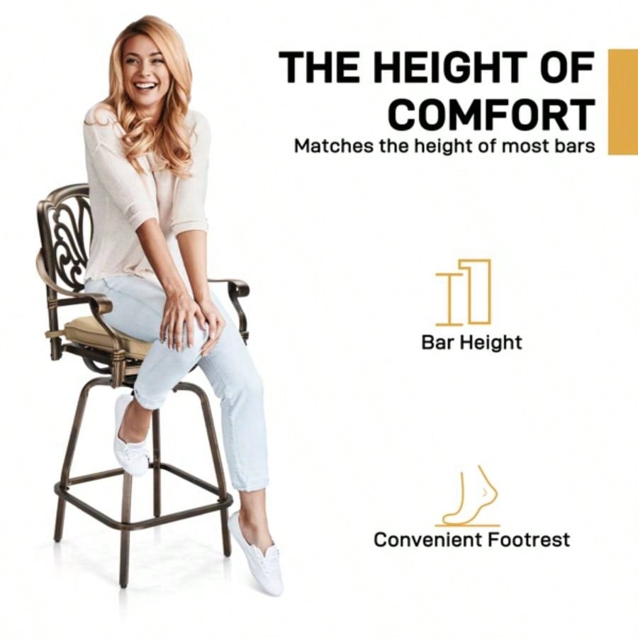 Outdoor Swivel Bar Stools Set of 2, Cast Aluminum Patio Bar Height Chairs, All - Weather Bar Dining Chairs Outdoor Swivel Chairs Furniture Elizabethan Back