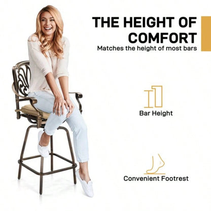 Outdoor Swivel Bar Stools Set of 2, Cast Aluminum Patio Bar Height Chairs, All - Weather Bar Dining Chairs Outdoor Swivel Chairs Furniture Elizabethan Back