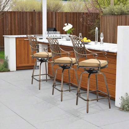 Outdoor Swivel Bar Stools Set of 2, Cast Aluminum Patio Bar Height Chairs, All - Weather Bar Dining Chairs Outdoor Swivel Chairs Furniture Grid Back