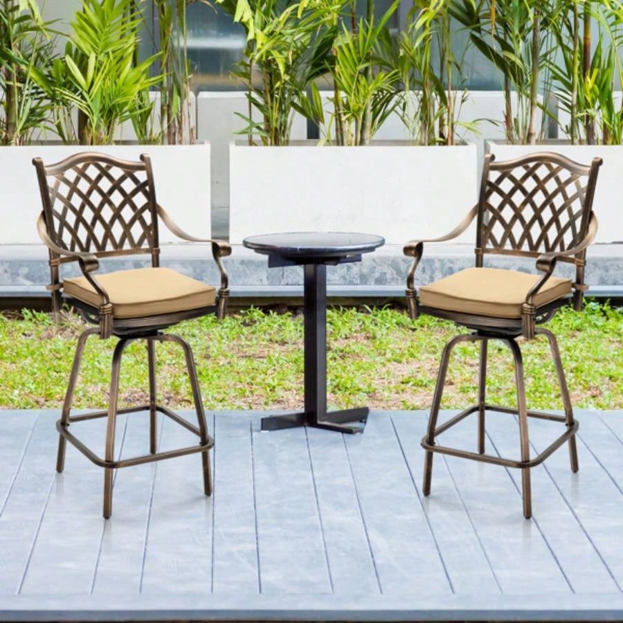 Outdoor Swivel Bar Stools Set of 2, Cast Aluminum Patio Bar Height Chairs, All - Weather Bar Dining Chairs Outdoor Swivel Chairs Furniture Grid Back