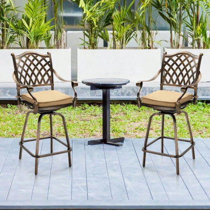 Outdoor Swivel Bar Stools Set of 2, Cast Aluminum Patio Bar Height Chairs, All - Weather Bar Dining Chairs Outdoor Swivel Chairs Furniture Grid Back