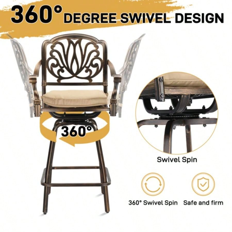 Outdoor Swivel Bar Stools Set of 2, Cast Aluminum Patio Bar Height Chairs, All - Weather Bar Dining Chairs Outdoor Swivel Chairs Furniture Elizabethan Back