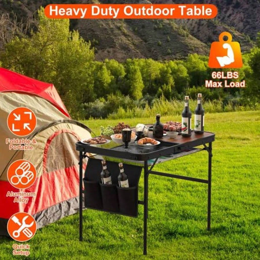 Foldable Camping Table Collapsible Picnic Aluminum Alloy Grill Stand 66LBS Load Height Adjustable BBQ Table with Adjustable Height Storage Net 35.43x23.62x26in