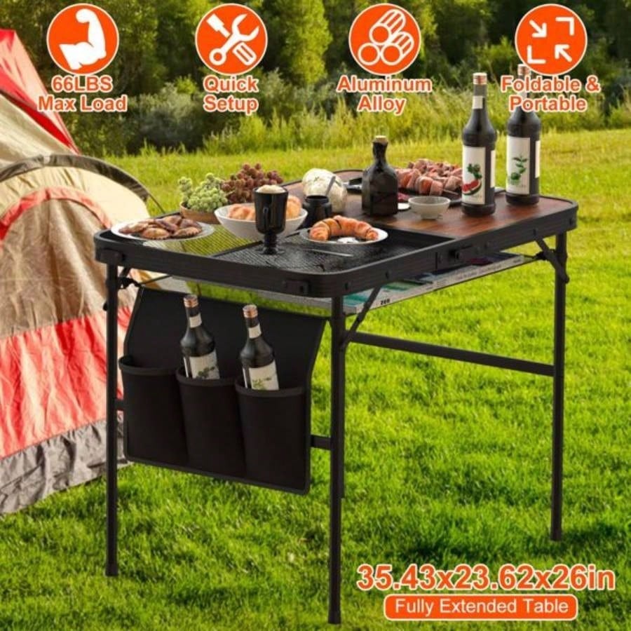 Foldable Camping Table Collapsible Picnic Aluminum Alloy Grill Stand 66LBS Load Height Adjustable BBQ Table with Adjustable Height Storage Net 35.43x23.62x26in