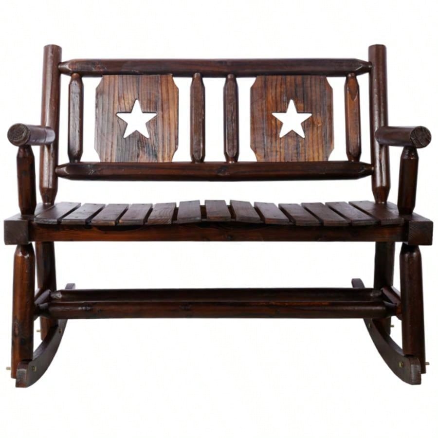 Outdoor Wood Rocking Carbonized Double Rocking Chair 2 Persons with Wide Curved, Porch Rocker Porch, Garden, Backyard, Rustic Brown