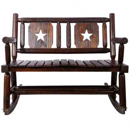 Outdoor Wood Rocking Carbonized Double Rocking Chair 2 Persons with Wide Curved, Porch Rocker Porch, Garden, Backyard, Rustic Brown
