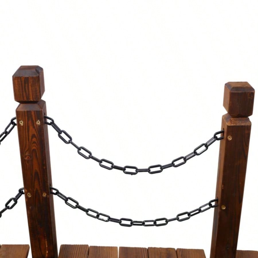 5 FT Wooden Garden Bridge, Stained Wood Footbridge with Chain Railings Backyard Farm, Decorative Pond Bridge, Easy to Assemble Brown