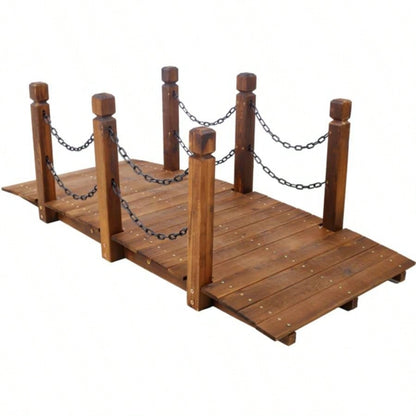 5 FT Wooden Garden Bridge, Stained Wood Footbridge with Chain Railings Backyard Farm, Decorative Pond Bridge, Easy to Assemble Brown