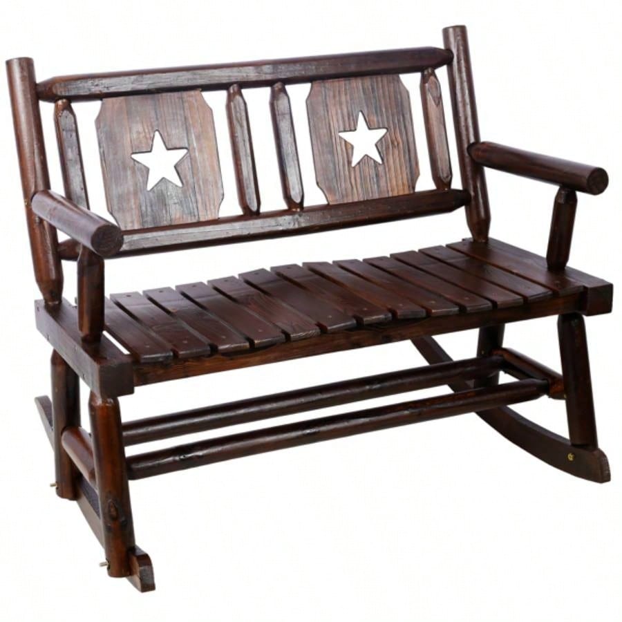 Outdoor Wood Rocking Carbonized Double Rocking Chair 2 Persons with Wide Curved, Porch Rocker Porch, Garden, Backyard, Rustic Brown