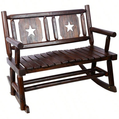 Outdoor Wood Rocking Carbonized Double Rocking Chair 2 Persons with Wide Curved, Porch Rocker Porch, Garden, Backyard, Rustic Brown