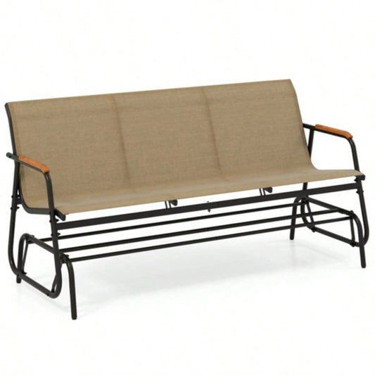 3 - person terrace gliding chair with curved teak wood armrests, suitable porch use