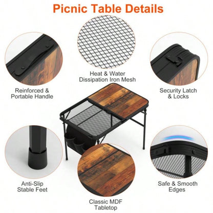 Foldable Camping Table Collapsible Picnic Aluminum Alloy Grill Stand 66LBS Load Height Adjustable BBQ Table with Adjustable Height Storage Net 35.43x23.62x26in