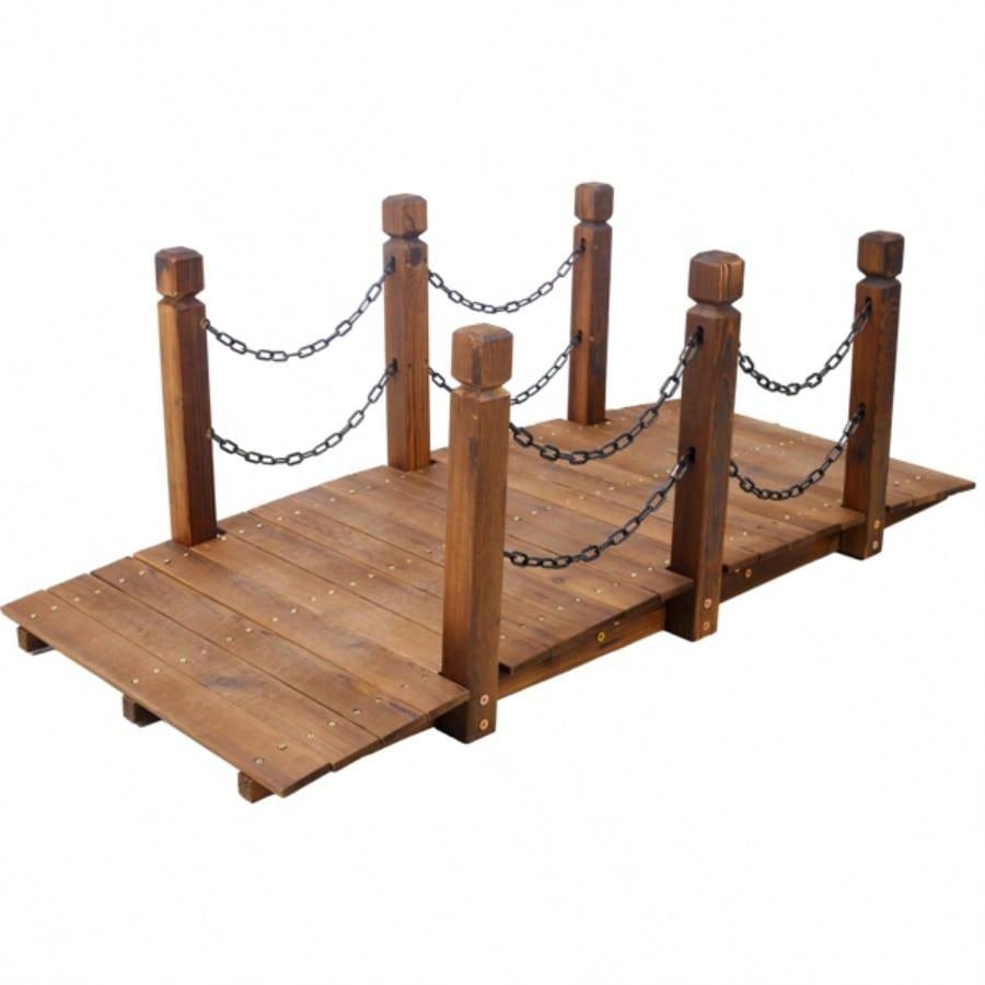 5 FT Wooden Garden Bridge, Stained Wood Footbridge with Chain Railings Backyard Farm, Decorative Pond Bridge, Easy to Assemble Brown