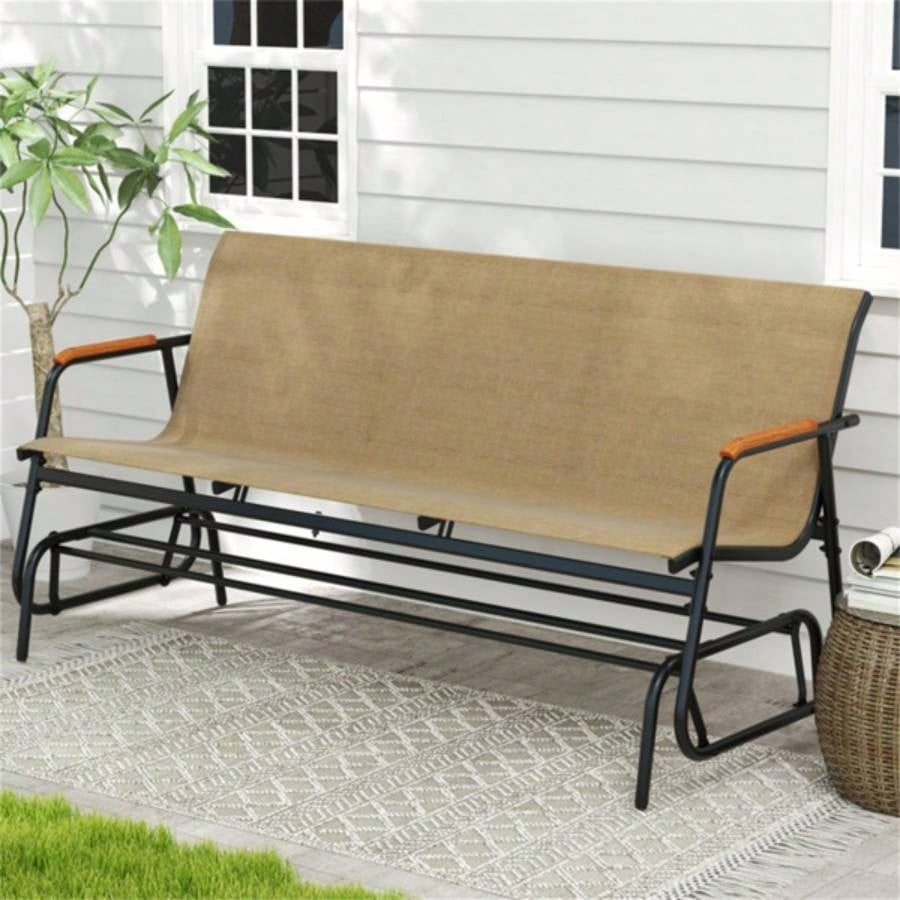 3 - person terrace gliding chair with curved teak wood armrests, suitable porch use