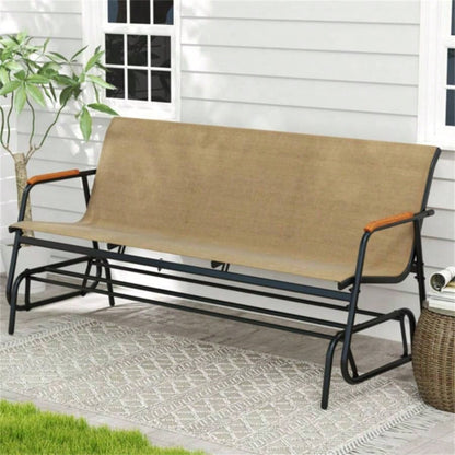 3 - person terrace gliding chair with curved teak wood armrests, suitable porch use