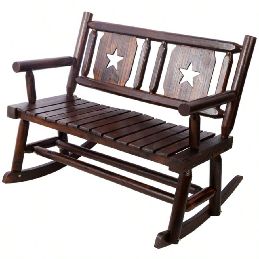 Outdoor Wood Rocking Carbonized Double Rocking Chair 2 Persons with Wide Curved, Porch Rocker Porch, Garden, Backyard, Rustic Brown
