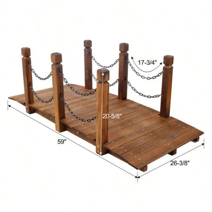 5 FT Wooden Garden Bridge, Stained Wood Footbridge with Chain Railings Backyard Farm, Decorative Pond Bridge, Easy to Assemble Brown