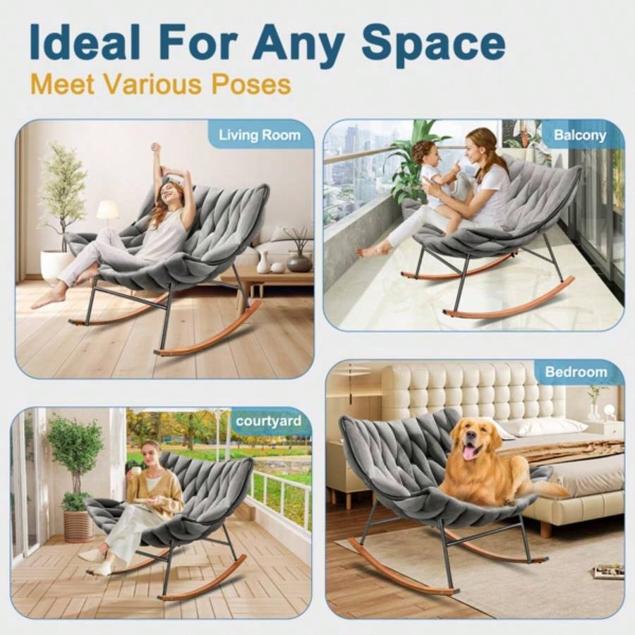 Outdoor Rocking Chair, Patio Rocking Chair, Indoor Papasan Rattan Wicker Lounge Chair Patio, Porch, Garden, Living Room, Gray