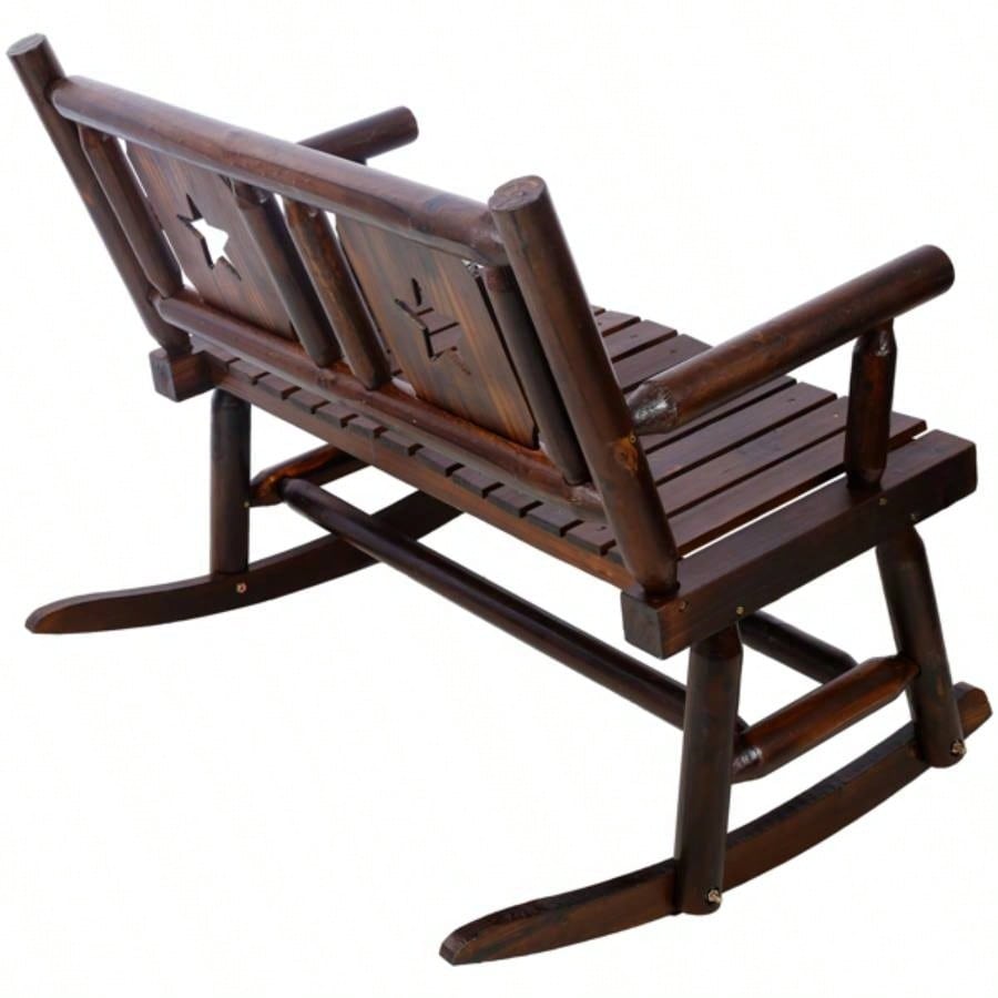 Outdoor Wood Rocking Carbonized Double Rocking Chair 2 Persons with Wide Curved, Porch Rocker Porch, Garden, Backyard, Rustic Brown