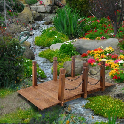 5 FT Wooden Garden Bridge, Stained Wood Footbridge with Chain Railings Backyard Farm, Decorative Pond Bridge, Easy to Assemble Brown