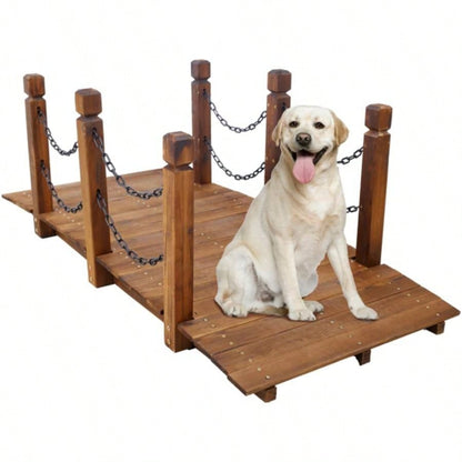 5 FT Wooden Garden Bridge, Stained Wood Footbridge with Chain Railings Backyard Farm, Decorative Pond Bridge, Easy to Assemble Brown