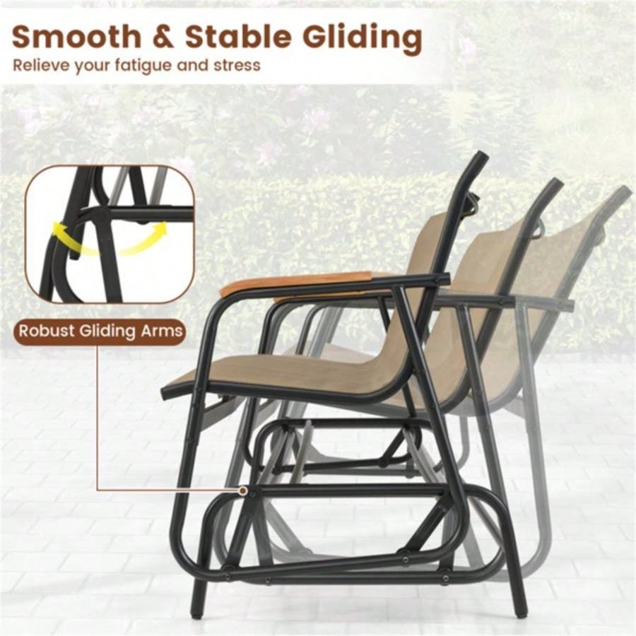 3 - person terrace gliding chair with curved teak wood armrests, suitable porch use