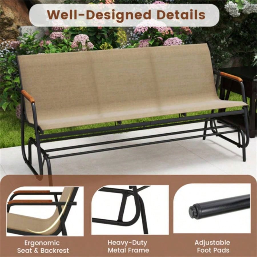 3 - person terrace gliding chair with curved teak wood armrests, suitable porch use