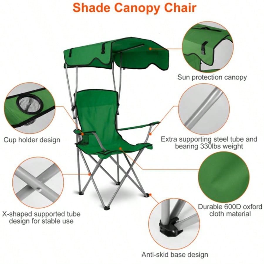 Foldable Beach Canopy Chair Camping Lawn Canopy Chair 330LBS Load Folding/ Cup Holder Beach Poolside Travel Picnic