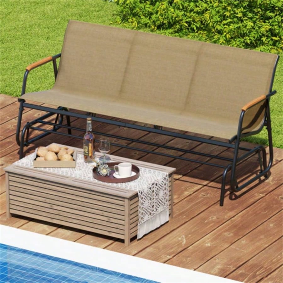 3 - person terrace gliding chair with curved teak wood armrests, suitable porch use