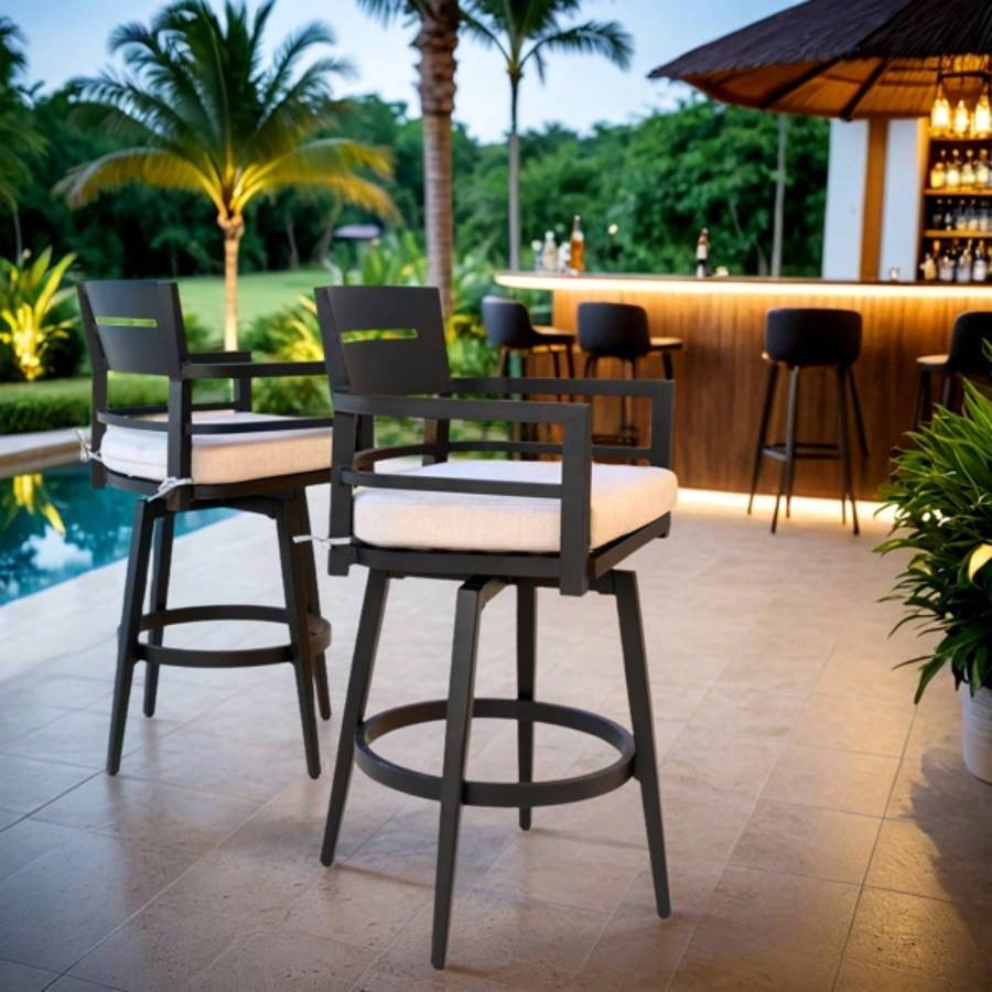 Modern Outdoor 2 - Piece Swivel Bar Chairs - Aluminum Frame with Ember Black, 360176; Swivel, Ergonomic Backrest Armrests, Tapered, Cushion, Weather - Resistant Durable Patio Bar Stool