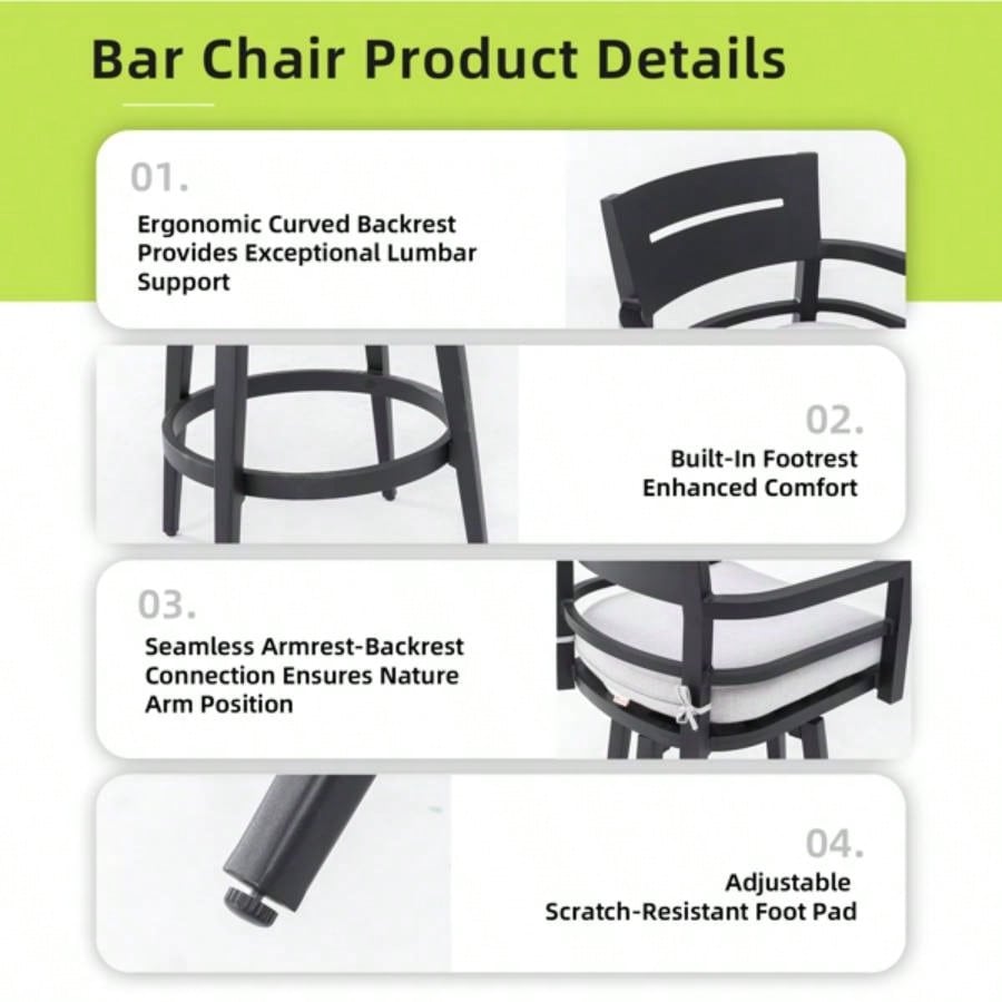Modern Outdoor 2 - Piece Swivel Bar Chairs - Aluminum Frame with Ember Black, 360176; Swivel, Ergonomic Backrest Armrests, Tapered, Cushion, Weather - Resistant Durable Patio Bar Stool