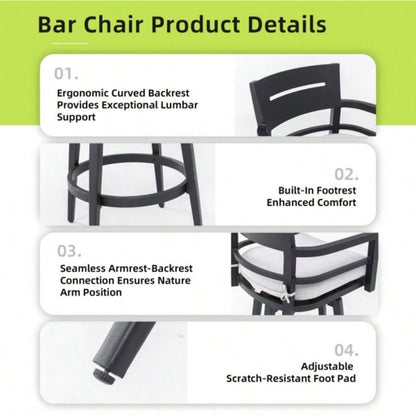 Modern Outdoor 2 - Piece Swivel Bar Chairs - Aluminum Frame with Ember Black, 360176; Swivel, Ergonomic Backrest Armrests, Tapered, Cushion, Weather - Resistant Durable Patio Bar Stool