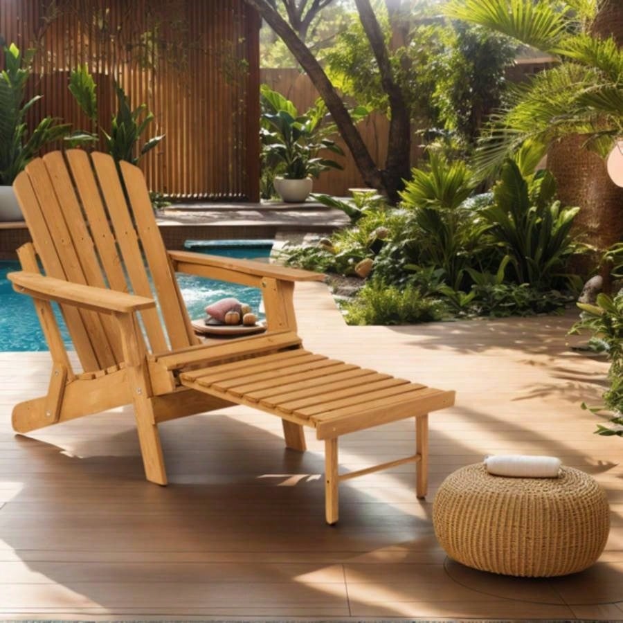 Outdoor Wooden Folding Adirondack Chair with Retractable Ottoman, Pre - Assembled BackRest SeatBoard, Wood Patio Chair Garden Backyard Porch Pool Deck Firepit