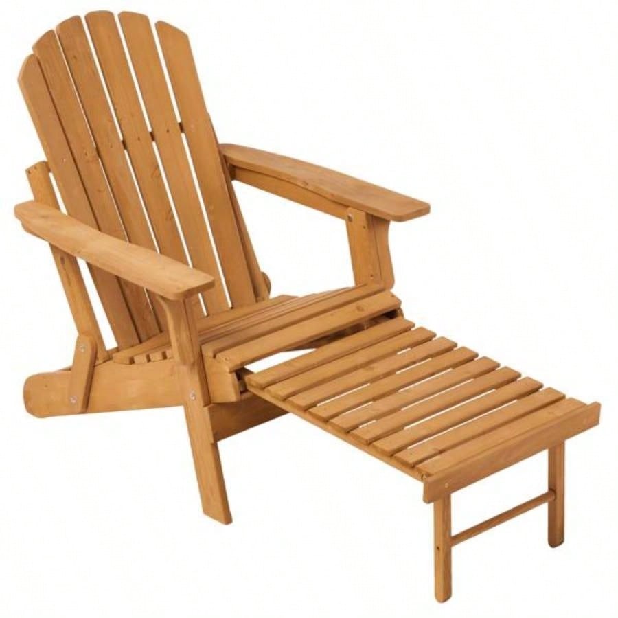 Outdoor Wooden Folding Adirondack Chair with Retractable Ottoman, Pre - Assembled BackRest SeatBoard, Wood Patio Chair Garden Backyard Porch Pool Deck Firepit