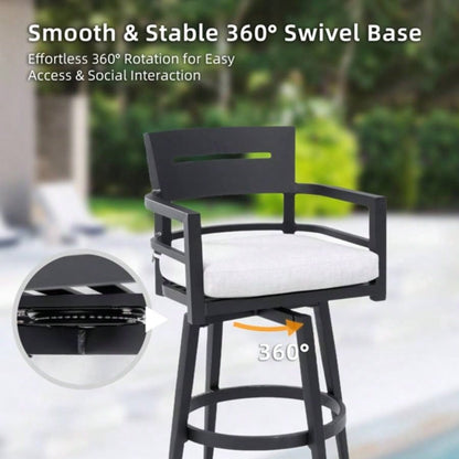 Modern Outdoor 2 - Piece Swivel Bar Chairs - Aluminum Frame with Ember Black, 360176; Swivel, Ergonomic Backrest Armrests, Tapered, Cushion, Weather - Resistant Durable Patio Bar Stool