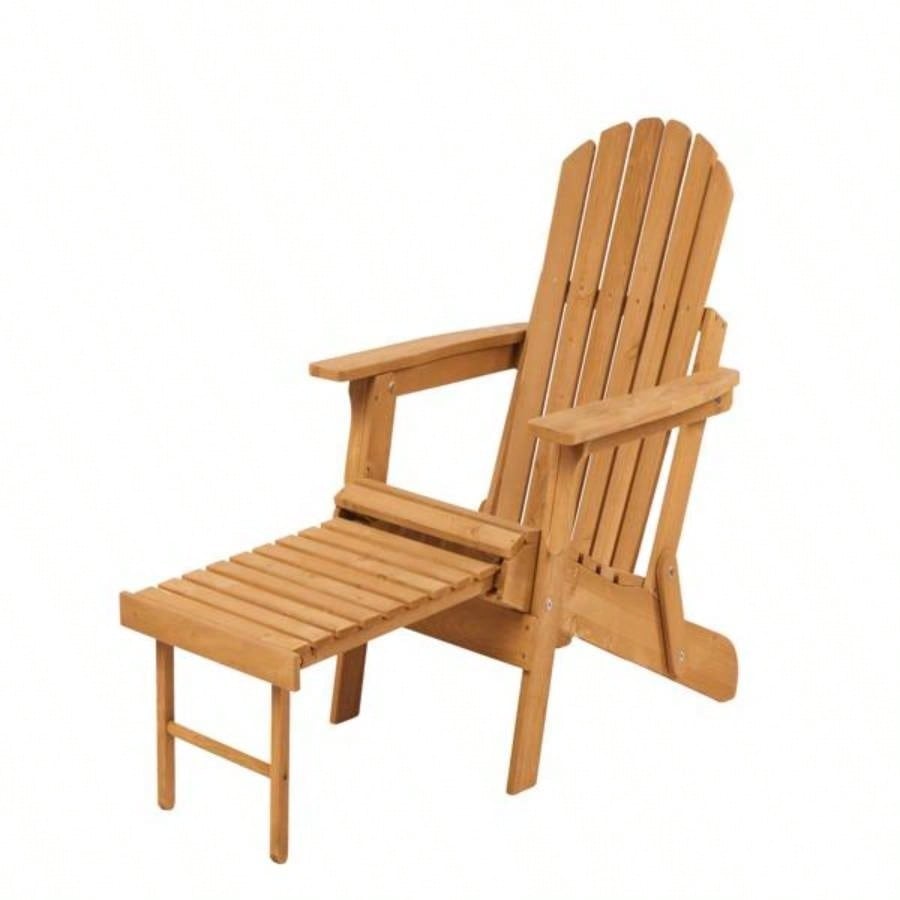 Outdoor Wooden Folding Adirondack Chair with Retractable Ottoman, Pre - Assembled BackRest SeatBoard, Wood Patio Chair Garden Backyard Porch Pool Deck Firepit